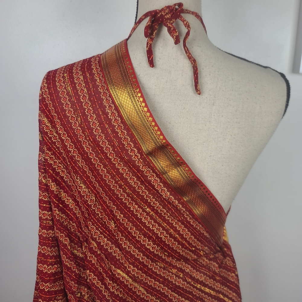 Red Sari Saree Skirt & Running Blouse Border Leheriya Print Regular Wear S - Picture 9 of 16